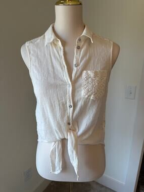 Jessica Simpson Soul Womens Cotton Ivory Lace Tie Front Cottagecore Top Sz S